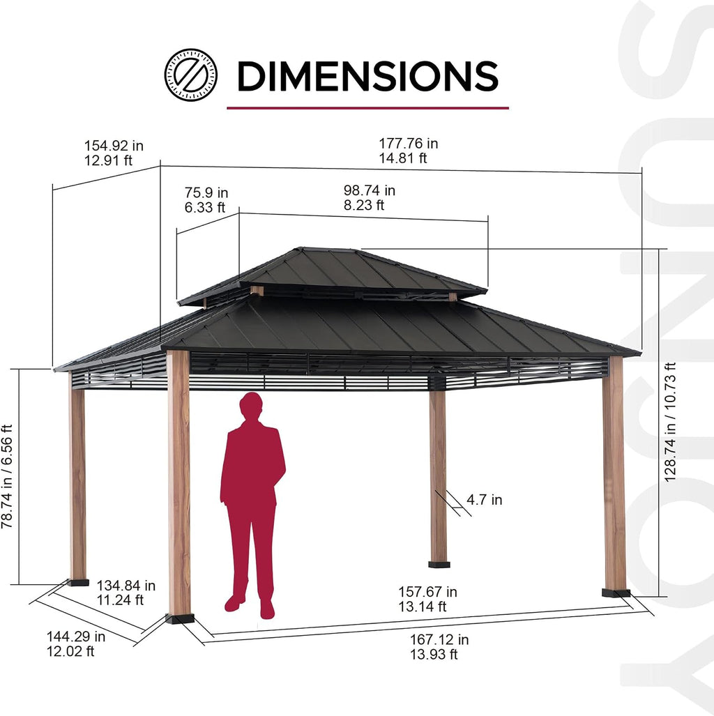 SUNJOY 13 x 15 ft. Hardtop Gazebo, Outdoor Patio Black Steel Frame Gazebo with 2-Tier Steel Roof,for Ultimate Outdoor Enjoyment, for All-Season Comfort