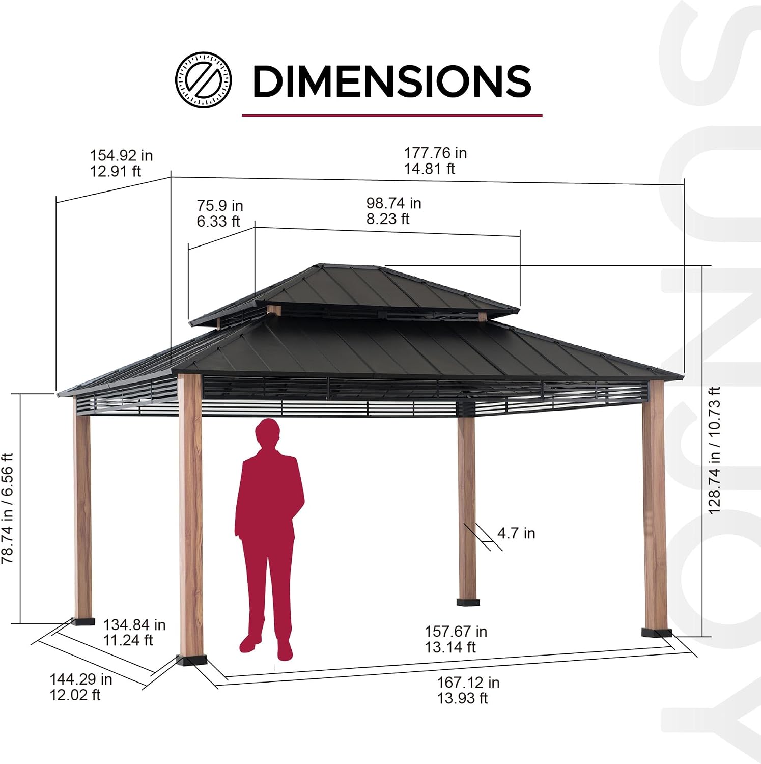 SUNJOY 13 x 15 ft. Hardtop Gazebo, Outdoor Patio Black Steel Frame Gazebo with 2-Tier Steel Roof,for Ultimate Outdoor Enjoyment, for All-Season Comfort