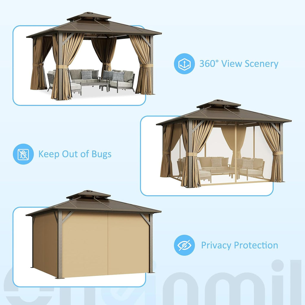 12×12FT Brown Double Roof Polycarbonate Gazebo, Sturdy Outdoor Patio Shelter with Shade for Garden, Backyard, and Patio