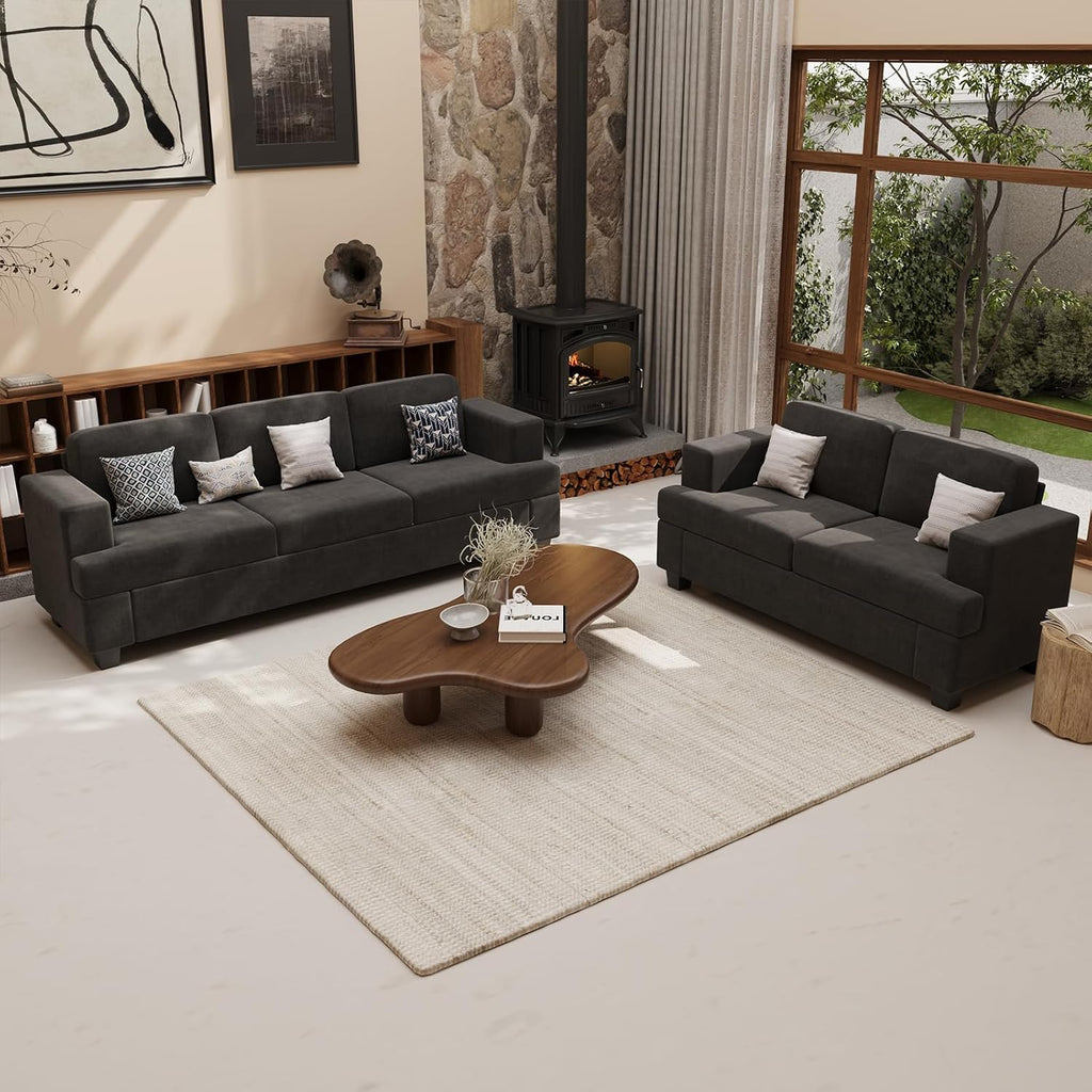YOUDENOVA 2 Piece Set Comfy Sofa Couch, 3 Seater & Loveseat Sofa with Deep Seats, Modern Sleeper Couch for Living Room, Dark Grey Chenille