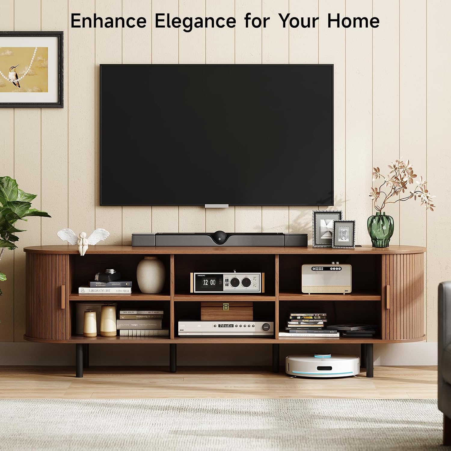 ONBRILL 70.8' TV Stand with Power Outlet for TVs up to 75 Inch, Entertainment Center with Storage and Adjustable Shelves, Modern Media Console with Sliding Doors for Living Room, Walnut