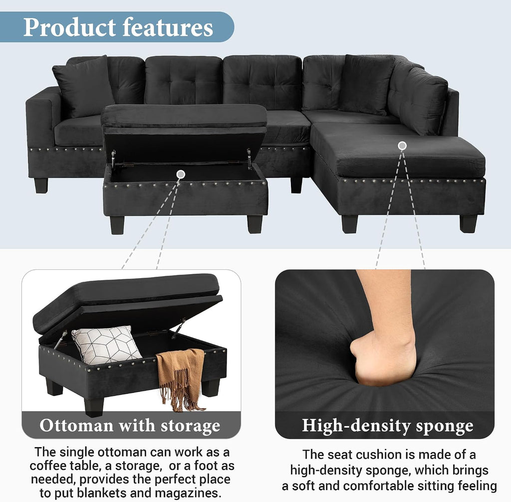 Merax Modern Sectional Sofa with Storage Ottoman, L Shaped Couch with 2 Pillows and 2 Cup Holders, Polyester Sectional Sofa with Reversible Chaise for Living Room, Home Office (Black)