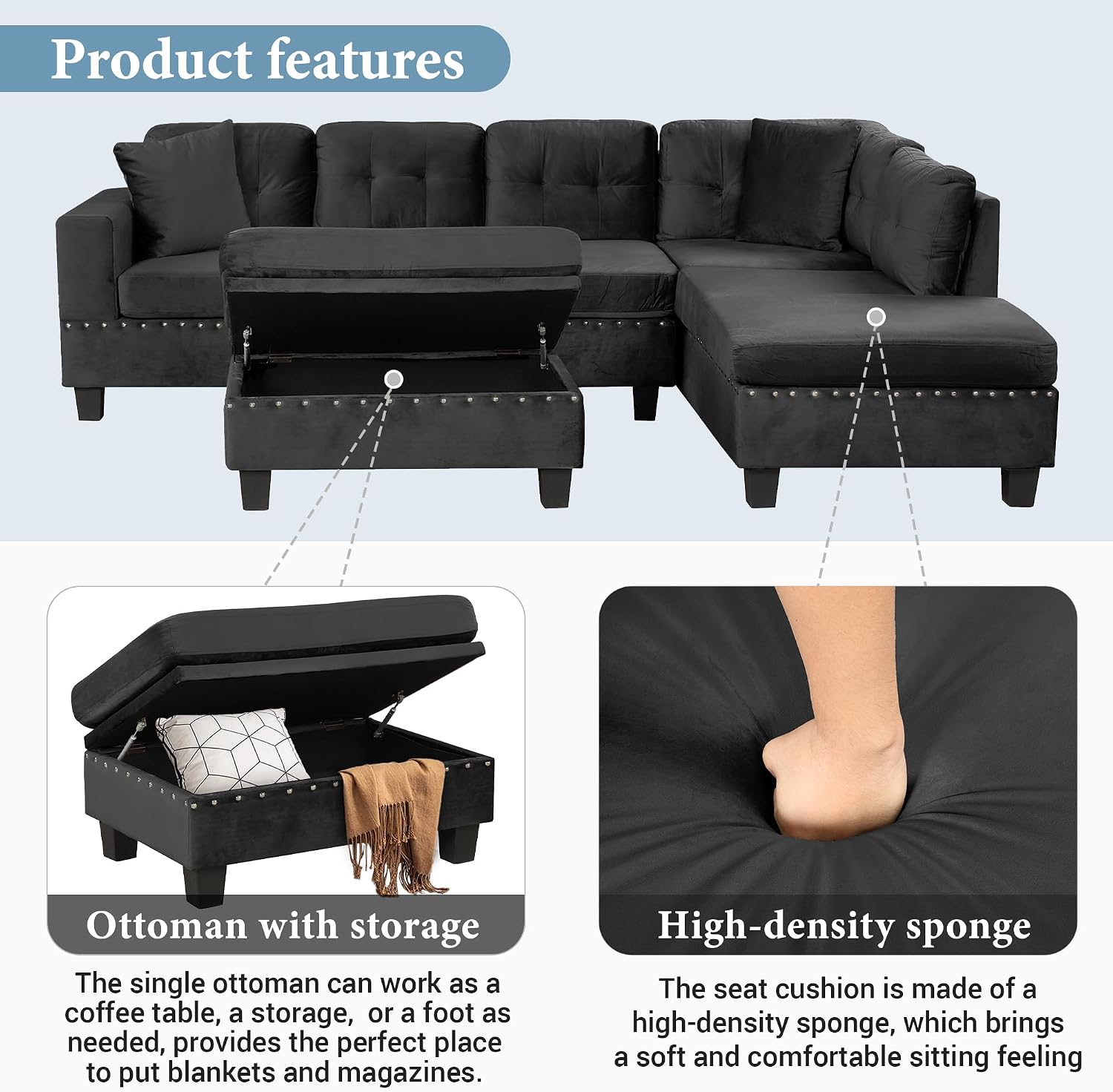 Merax Modern Sectional Sofa with Storage Ottoman, L Shaped Couch with 2 Pillows and 2 Cup Holders, Polyester Sectional Sofa with Reversible Chaise for Living Room, Home Office (Black)