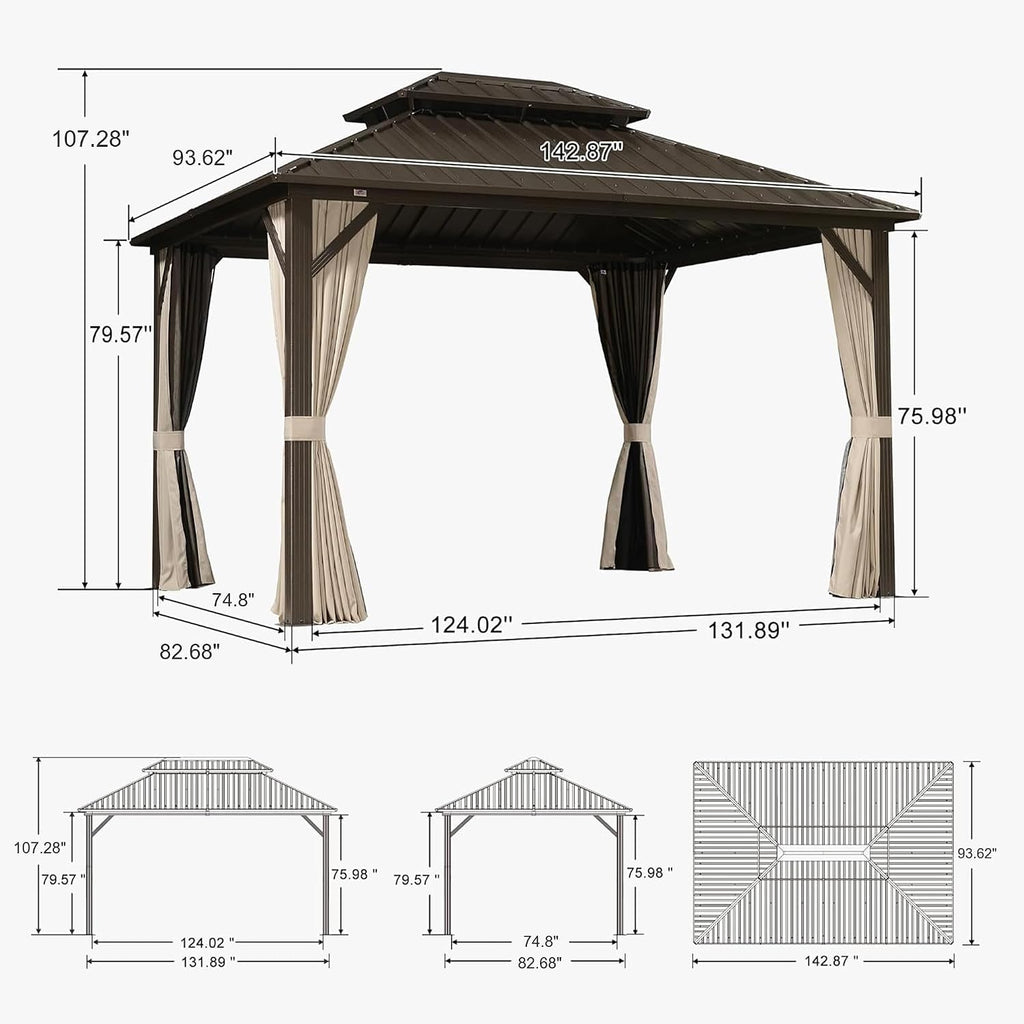 PURPLE LEAF 8' X 12' Hardtop Gazebo Outdoor Gazebos Metal Frame Galvanized Steel Double Roof with Curtains and Nettings for Patio Desk Backyard Bronze