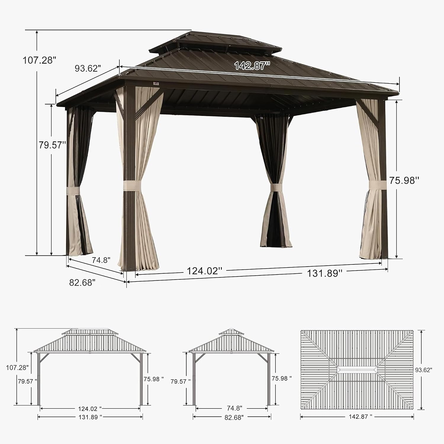 PURPLE LEAF 8' X 12' Hardtop Gazebo Outdoor Gazebos Metal Frame Galvanized Steel Double Roof with Curtains and Nettings for Patio Desk Backyard Bronze