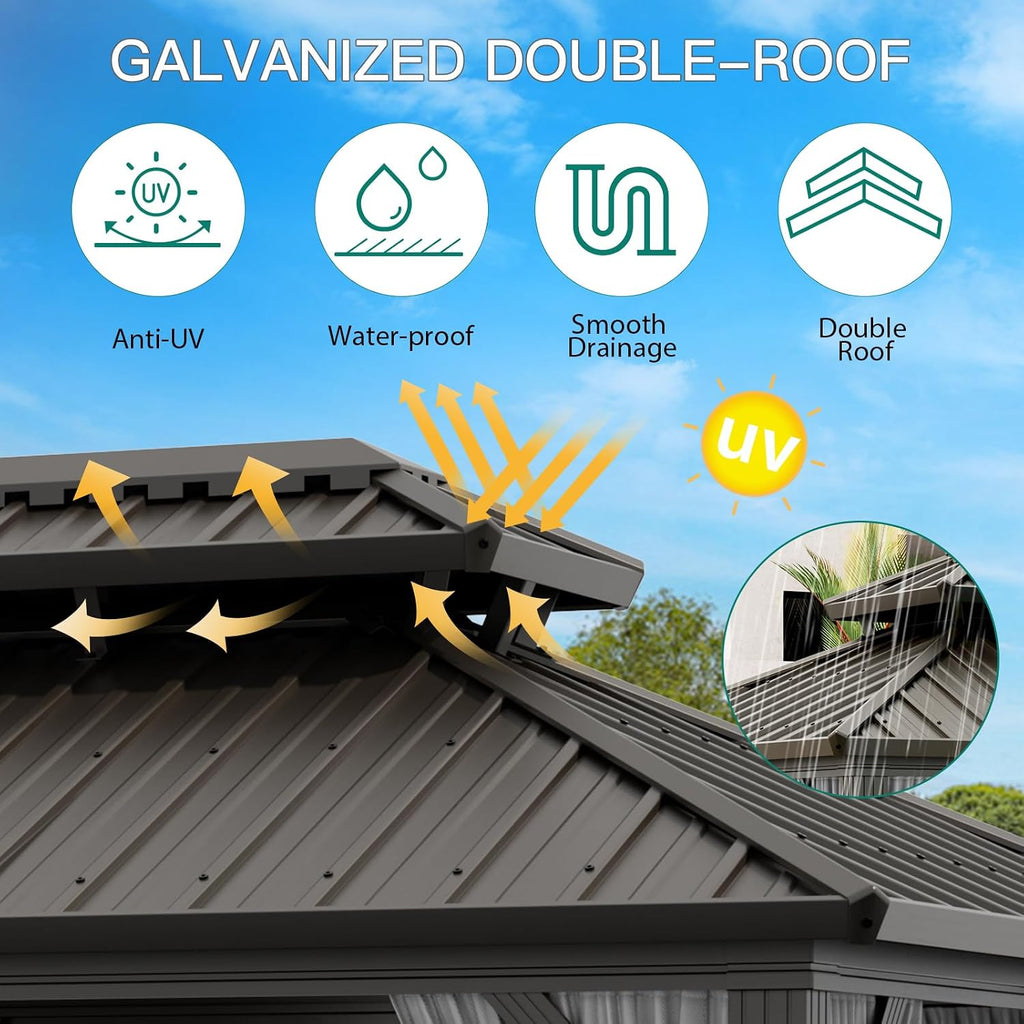 Garvee 10x12 ft Hardtop Gazebo, Outdoor Heavy Duty Galvanized Aluminum Framed Double Roof Pavilion with Netting and Curtains, Waterproof Metal Roof Gazebo for Backyard, Patio, Deck and Poolside, Grey