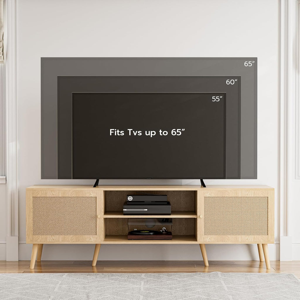 ZttRiee TV Stand for TVs up to 65'', Entertainment Center With Rattan Door, Shelves & 2 Cabinets, Long Boho Media Console for Living Room, Natural
