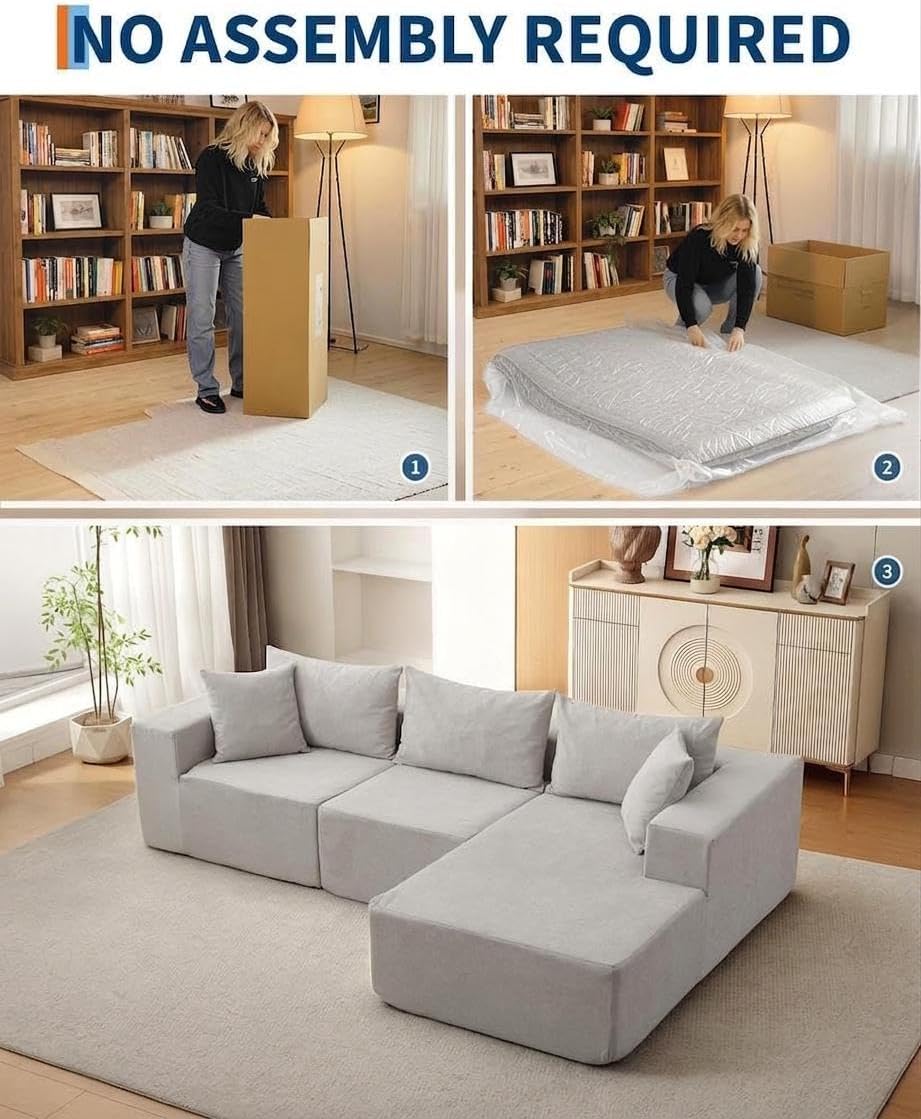 Garvee 108' Modular Sectional Sofa,Cloud Couch Sectional with Right Chaise | Fluffy Compressed l Shaped Sofa for Living Room | Boneless Couch & Sofa Bed Design,No Assembly Required, Beige