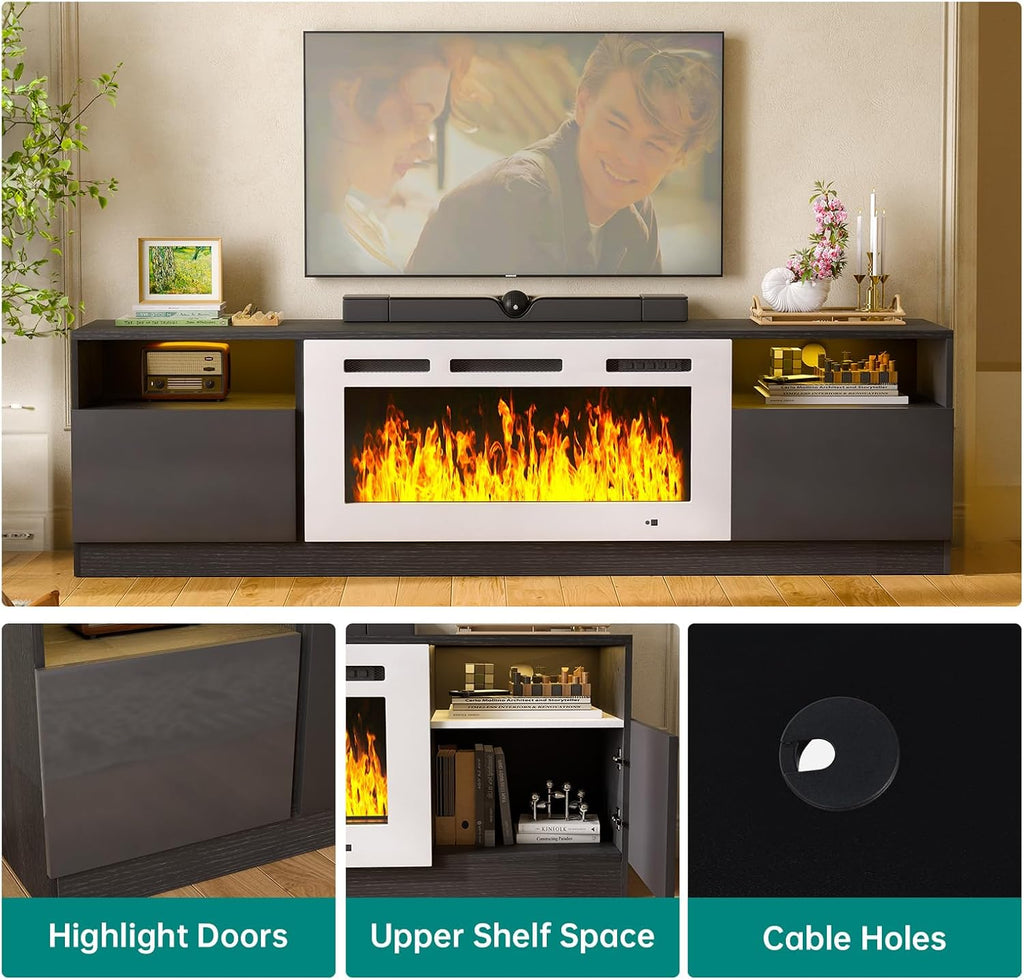 MXV 80' Fireplace TV Stand for TVs Up to 90', LED Light Entertainment Center with 36' Electric Fireplace, Modern Wood Texture TV Media Console with Highlight Storage Cabinet, Black-White