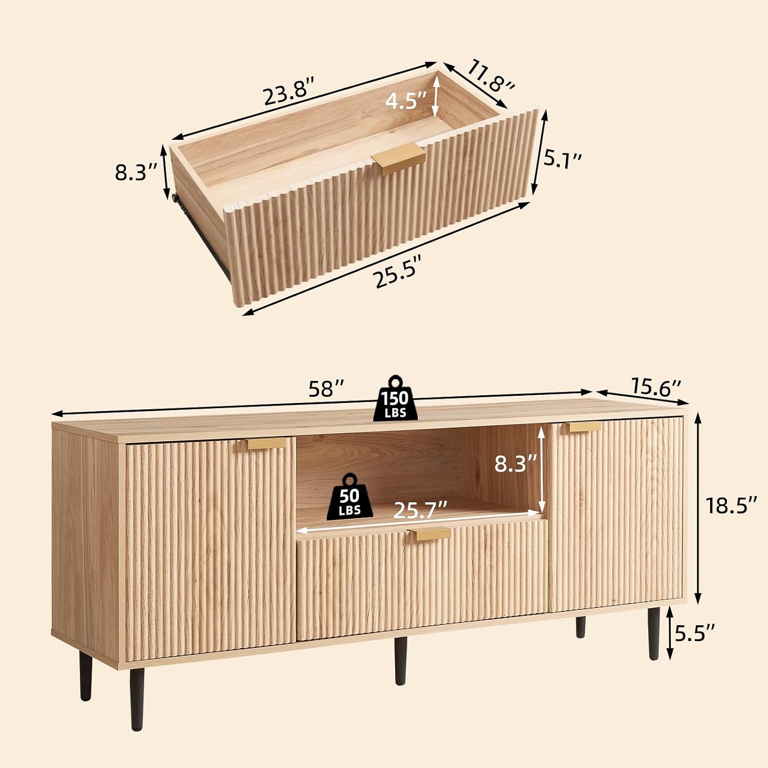Okvnbjk Modern TV Stand for 65 Inch TV, TV Consoles for Living Room, Media Console with Soft Hinge & Drawer, Wood Fluted Entertainment Center with Storage, Oak