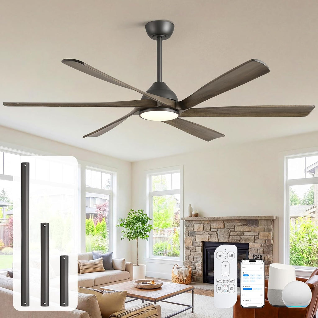 60 Inch Outdoor Ceiling Fan with Light and Remote, Rustic Farmhouse Smart Ceiling Fans with WiFi App/Alexa Voice Control, 6 Solid Wood Blades, Quiet Reversible DC Motor, Damp Rated for Covered Patio