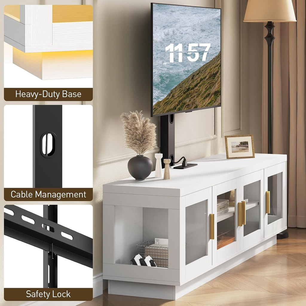 RALGEND TV Stand with Mount and Power Outlet, Swivel TV Stand Mount with LED Lights for 32/45/55/60/65/70/75 inch TVs, Entertainment Center Media Console with Height Adjustable Mount, White and Black