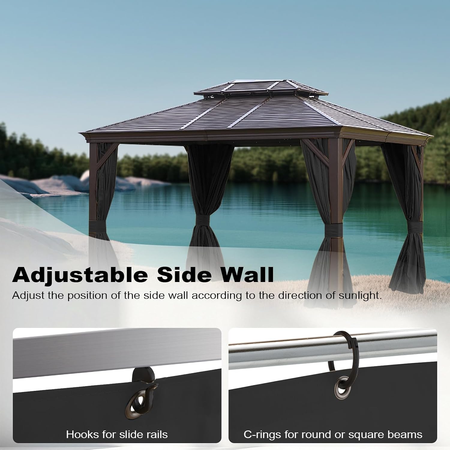 slashome 10'x12' Gazebo Curtains Outdoor Waterproof, Black Universal Replacement Curtain 4-Panels, Sidewalls with Zipper for Garden, Patio, Yard (Only Curtains)