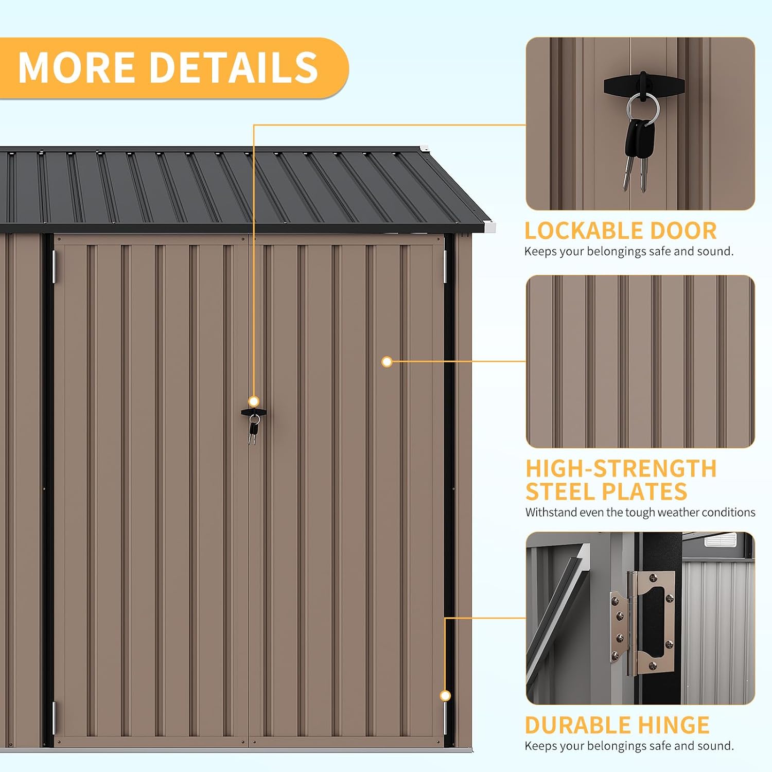 Garvee 6x8 Ft Heavy-Duty Metal Storage Shed with Lockable Door & Windows - Galvanized Steel Outdoor Utility Shed with Sloped Roof for Backyard, Garden, Garage, and Patio, Brown