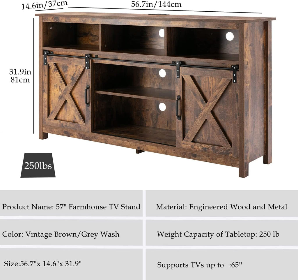 Vinctik 6&Fox 57In Wooden Farmhouse Entertainment Center for 60/65 inch TV,Double Layer Storage Farmhouse TV Stand,Double-Row Sockets with Wood Sliding Barn Door TV Stand, Double Layer Vintage Brown