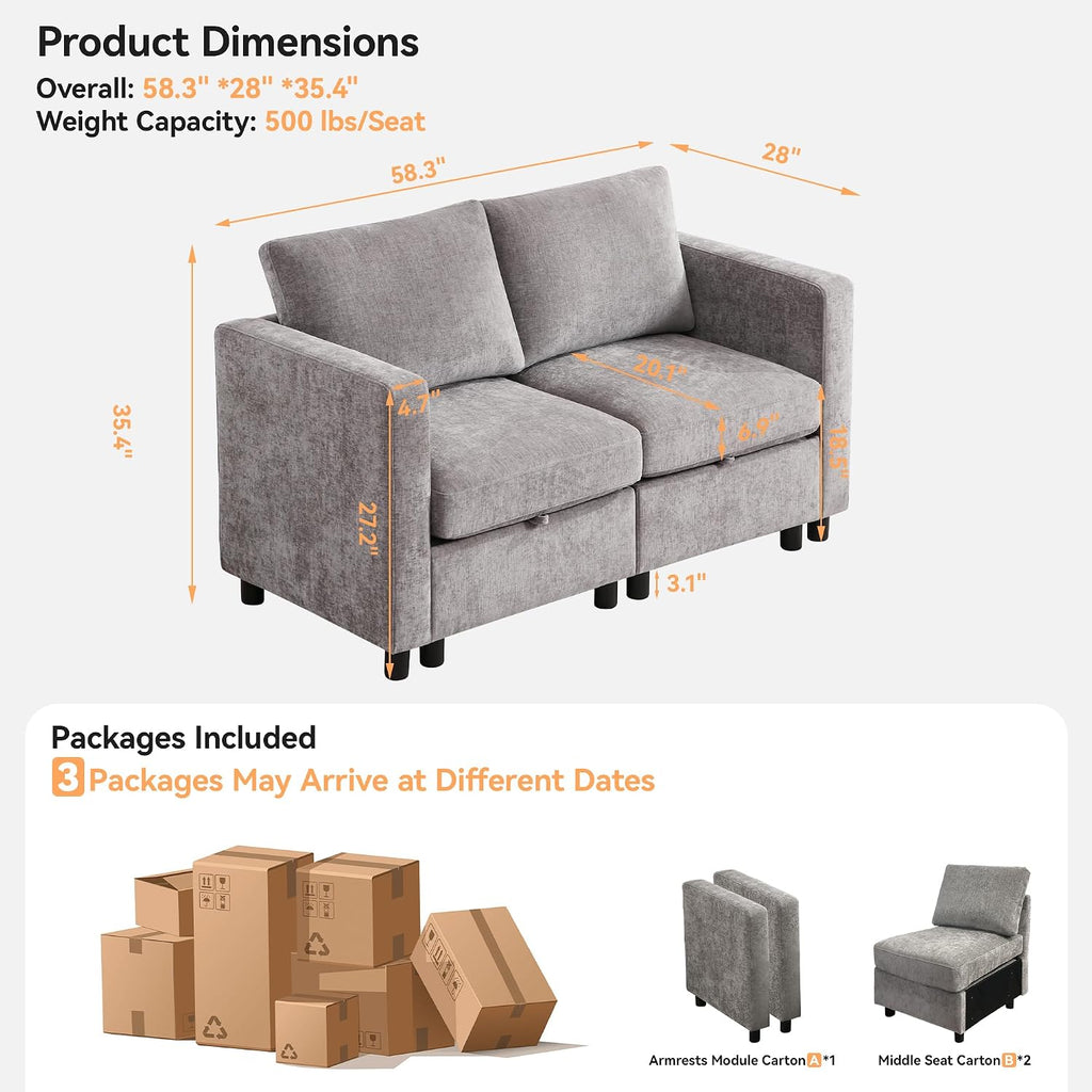 WUTUTUEE 58'Modular Sectional Loveseat Sofa, Modern Love Seat 2 Seater Sofa Couch with Storage, Chenille Modular Sectional Couch for Living Room, Bedroom, Office, Small Apartment, Light Grey