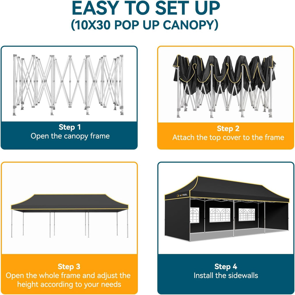 Hoteel 10x30 Pop Up Canopy Tent Heavy Duty with 5 Sidewalls, Waterproof Party Tent, Easy Set-up Commercial Instant Tents with Roller Bag & Sandbags, Hexagonal Leg (1-Year Warranty)