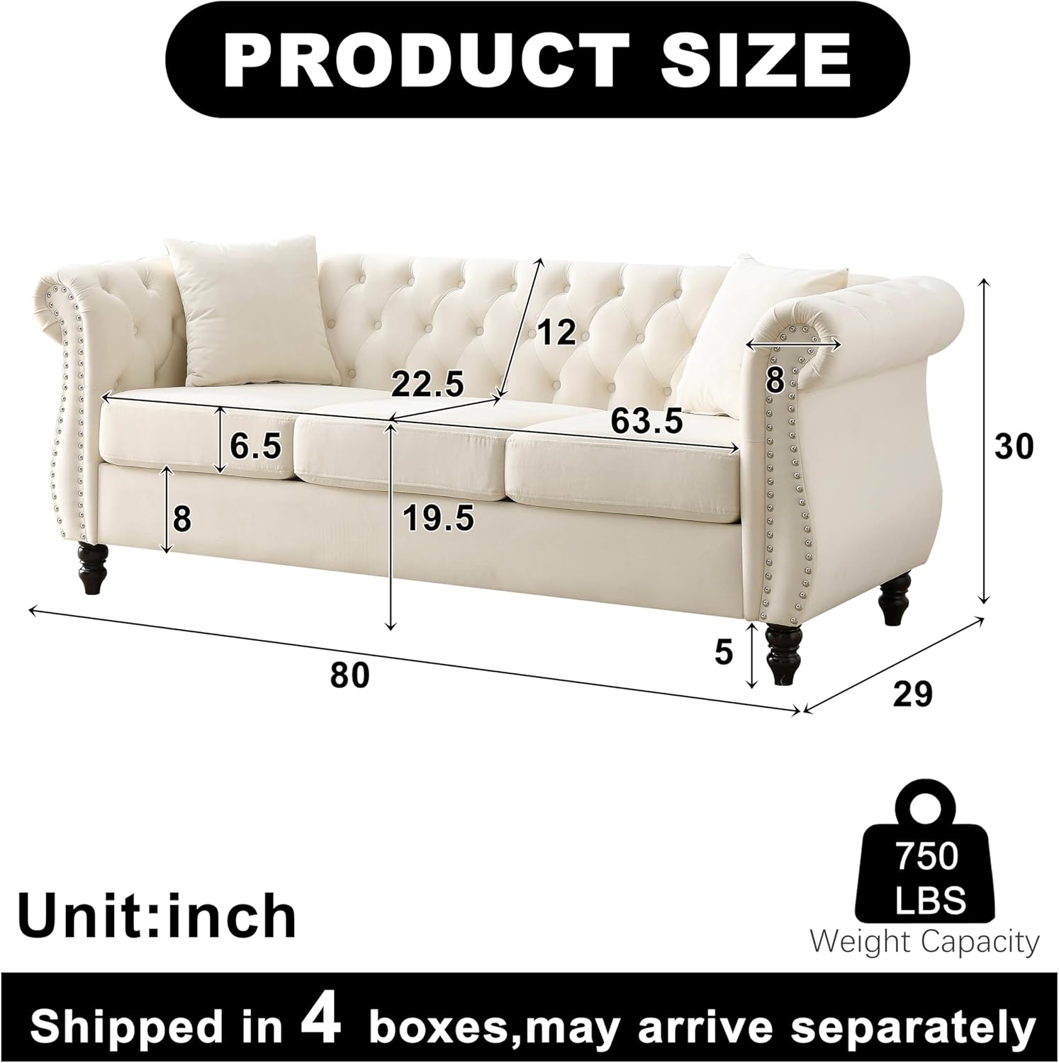 2 Piece Modern Beige Velvet 80' 3-Seater Sofa Sets, Upholstered Tufted Backrests with 8' Rolled Nailhead Arms, Combination Couch with 4 Pillows for Living Room