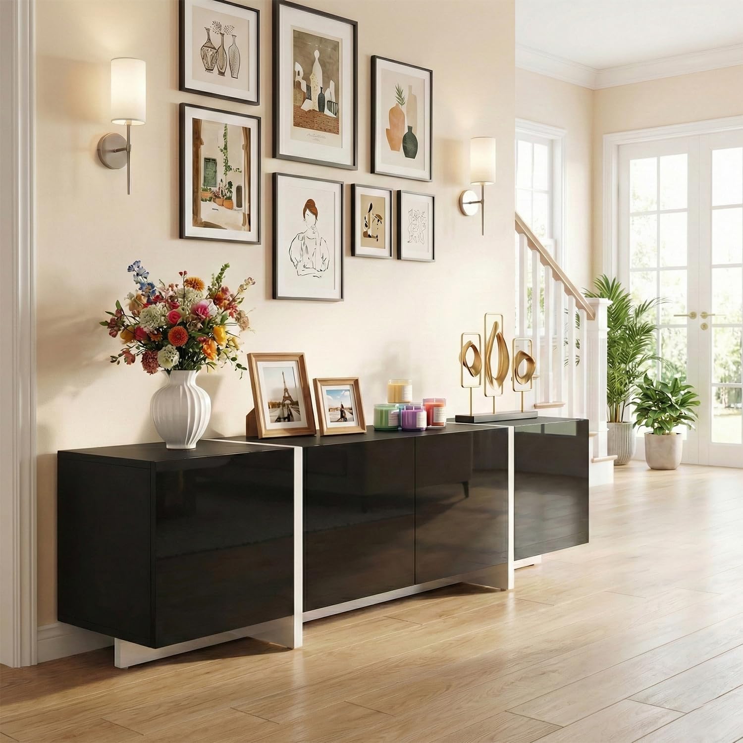 holzart 67' Modern Black TV Stand up to 70 Inch TV, Media Console with High Gloss Doors & Scratch-Resistant Matte Top, Entertainment Center with Cable Management & Storage Cabinet for Living Room