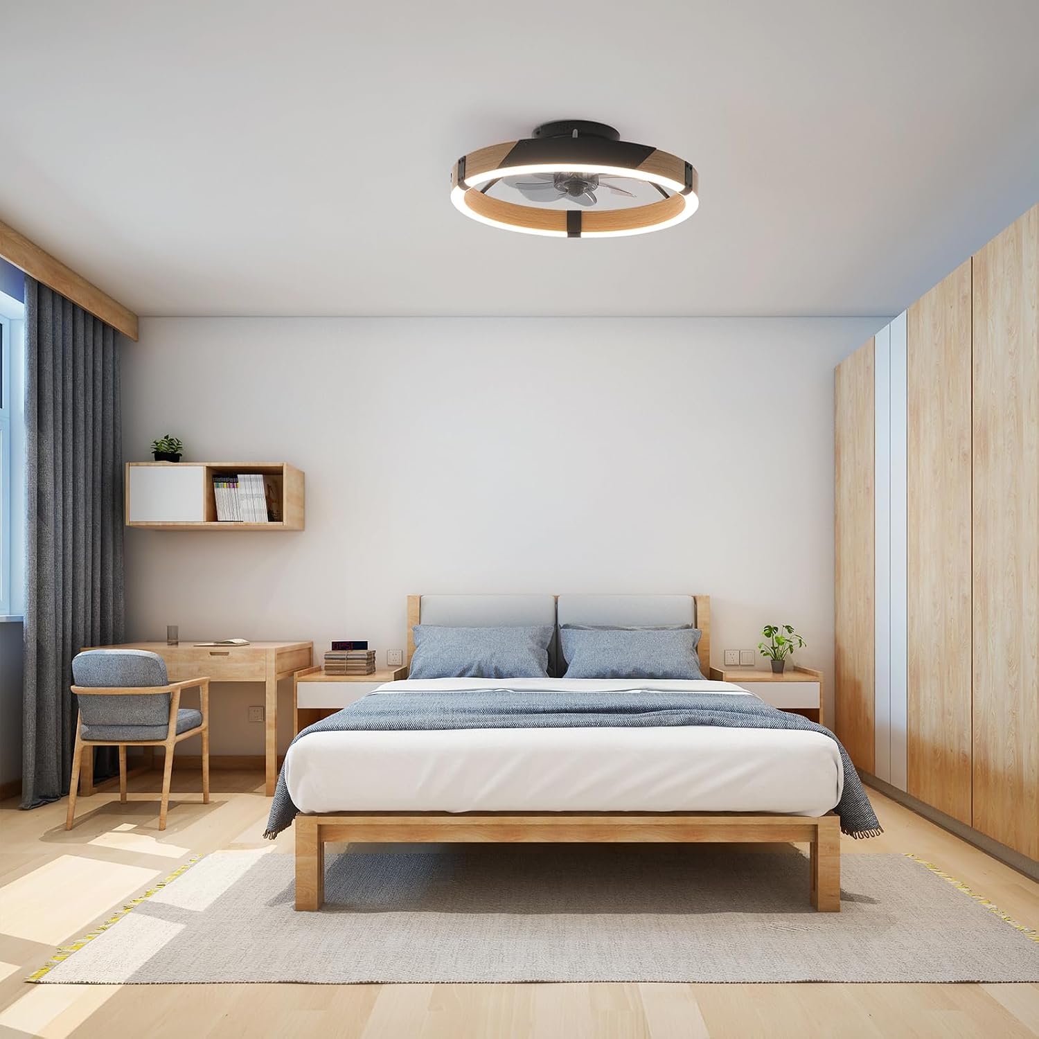 Garwarm 20IN Low Profile Ceiling Fans with Lights and Remote, 30W Fandelier Ceiling Fan Flush Mount,3000K-6500K Dimmable Bladeless LED Fan Light for Bedroom Kitchen Living Room Dining Room