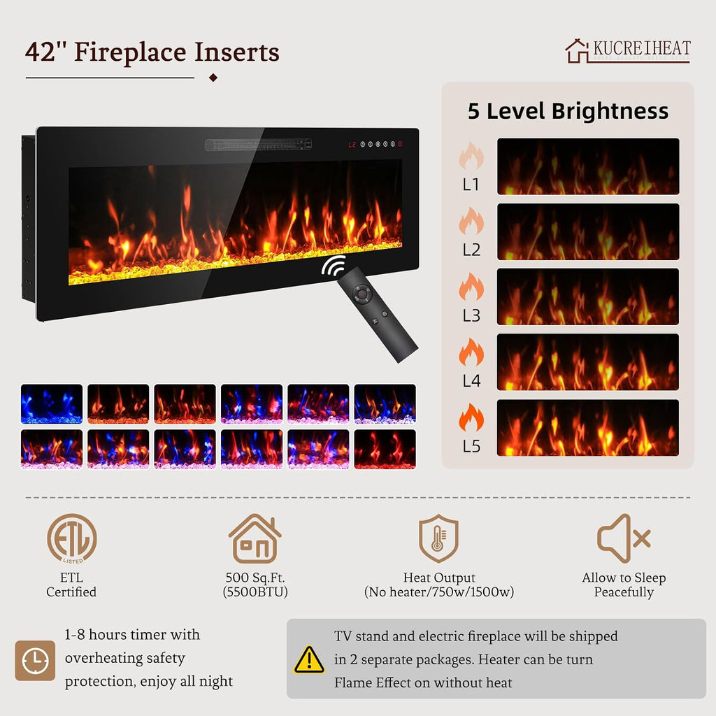 Kucreiheat Fireplace TV Stand for 70-90 inch TV, Large Entertainment Center with Fireplace & LED Lights,High Gloss Living Room Storage Cabinet, Black, 80''(Crystal)