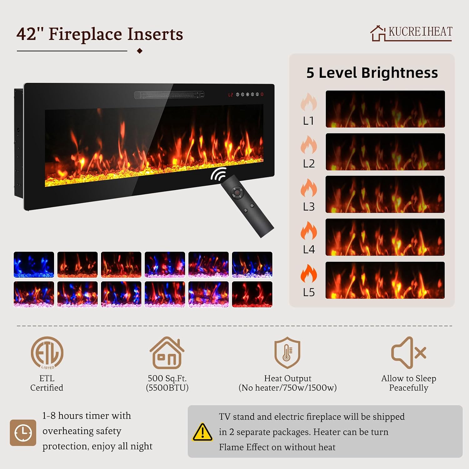 Kucreiheat Fireplace TV Stand for 70-90 inch TV, Large Entertainment Center with Fireplace & LED Lights,High Gloss Living Room Storage Cabinet, Black, 80''(Crystal)
