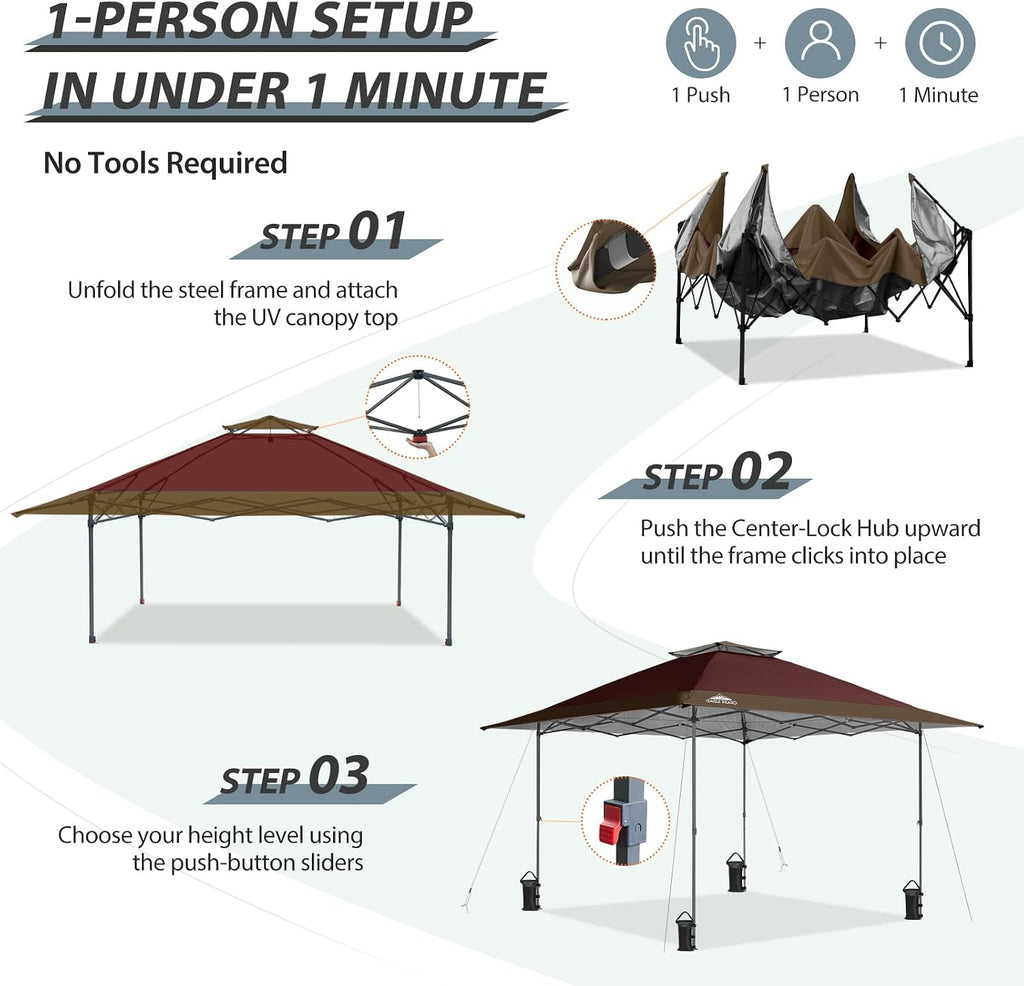 EAGLE PEAK 13x13 Straight Leg Pop Up Canopy Tent Instant Outdoor Canopy Easy Single Person Set up Folding Shelter w/Auto Extending Eaves 169 Square Feet of Shade (Burgundy/Brown)