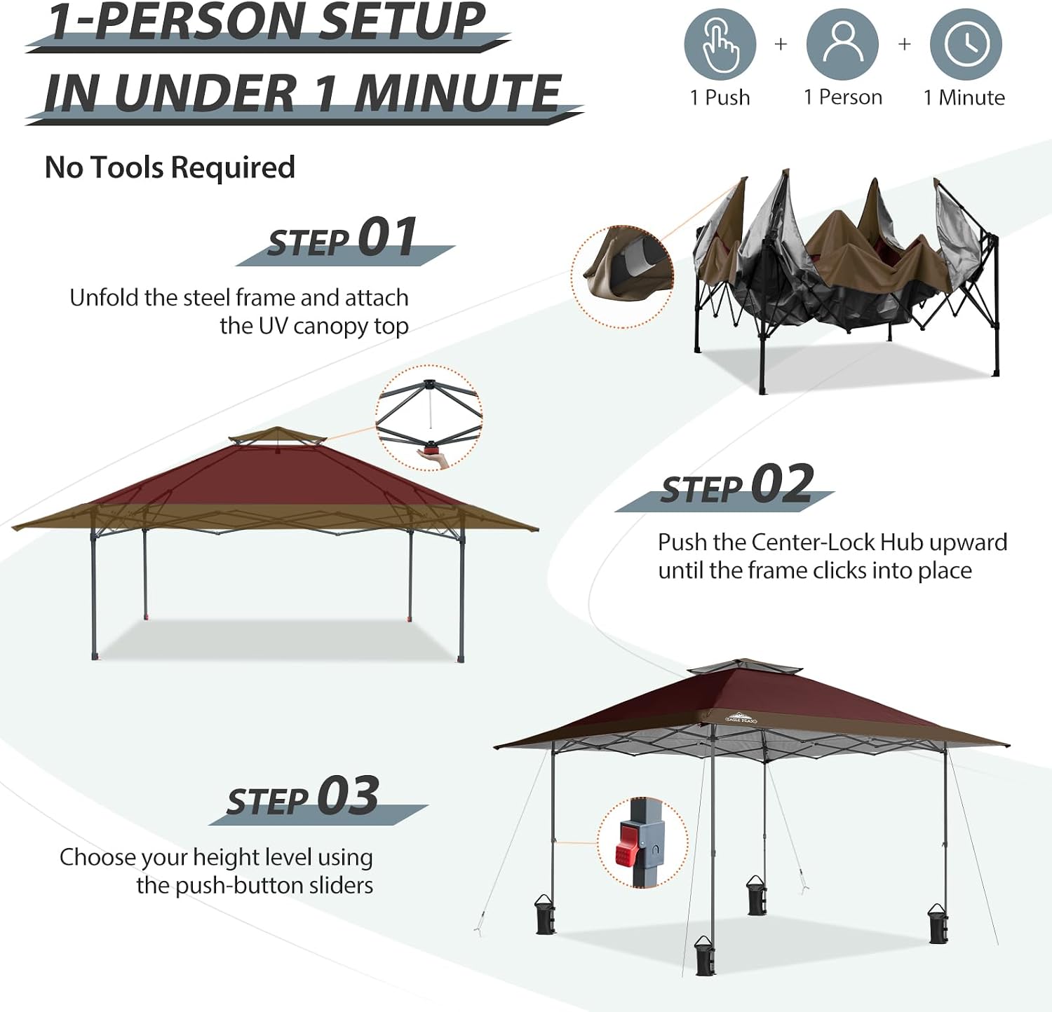 EAGLE PEAK 13x13 Straight Leg Pop Up Canopy Tent Instant Outdoor Canopy Easy Single Person Set up Folding Shelter w/Auto Extending Eaves 169 Square Feet of Shade (Burgundy/Brown)