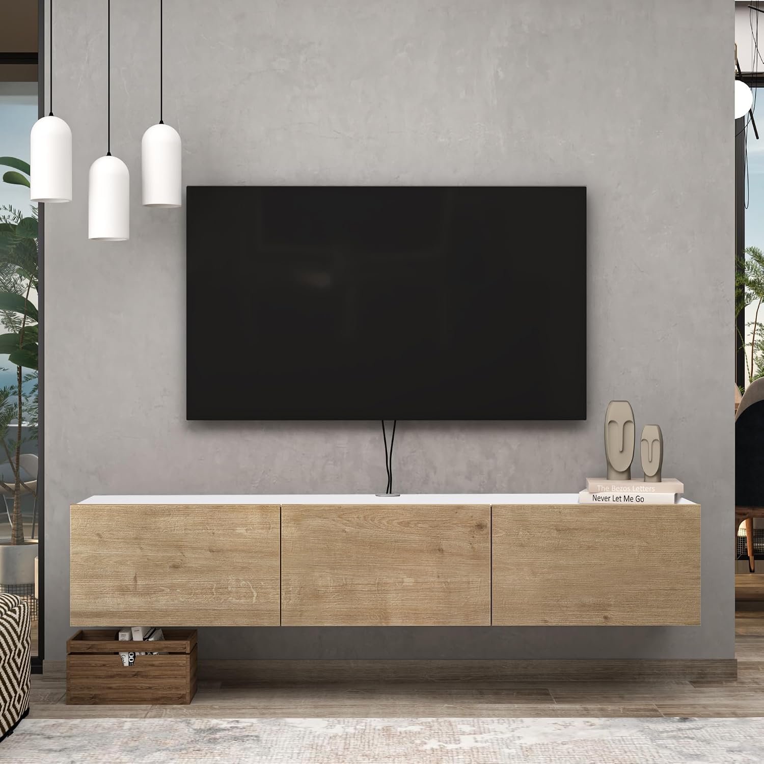 Atelier Mobili Oak TV Console, Wall Mounted TV Stand for Up to 75 Inch TV, Entertainment Center with Floating Shelf