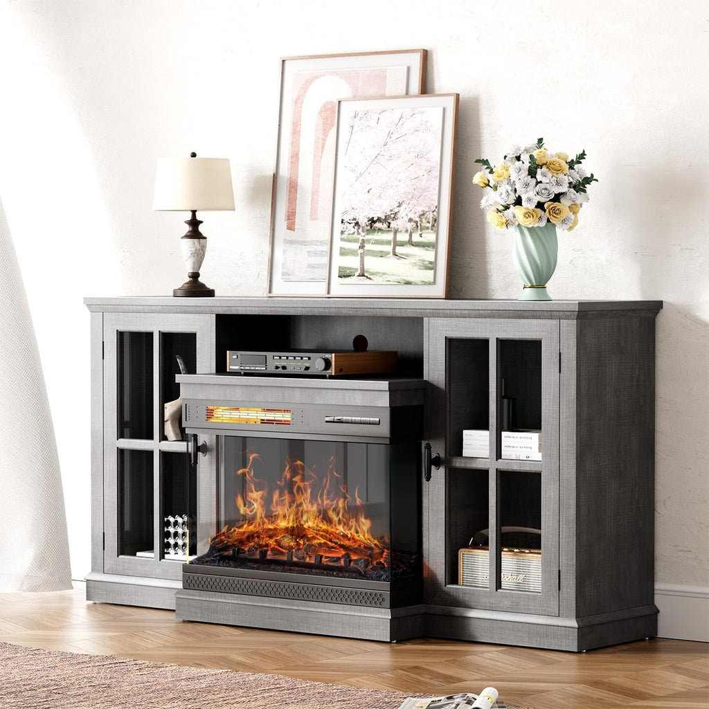 YESHOMY Glass Fireplace TV Stand for Televisions up to 65', Media Entertainment Center Console Table with Doors Closed Storage, Grey Wash