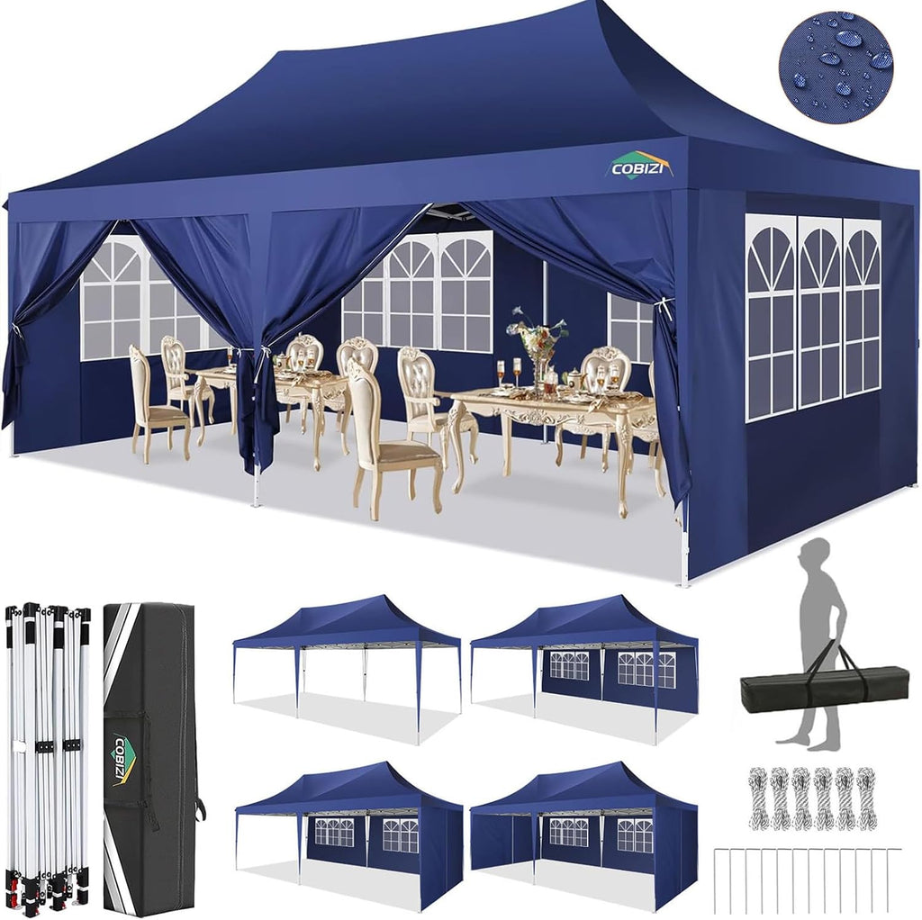 COBIZI 10x20 Pop up Canopy Tent with 6 Sidewalls, Easy Set up Canopy Tents Gazebos for Parties with Metal Frame, Waterproof & UV50+, Height Adjustable, Potable Carry Bag (Blue)