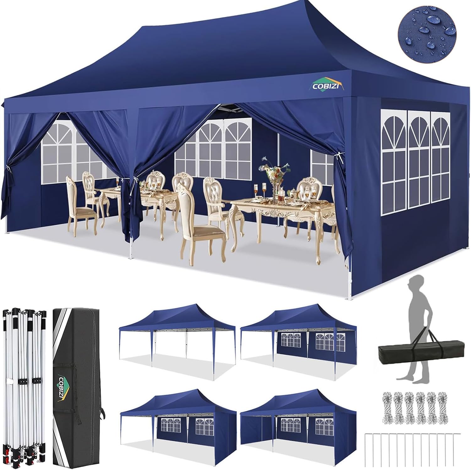 COBIZI 10x20 Pop up Canopy Tent with 6 Sidewalls, Easy Set up Canopy Tents Gazebos for Parties with Metal Frame, Waterproof & UV50+, Height Adjustable, Potable Carry Bag (Blue)
