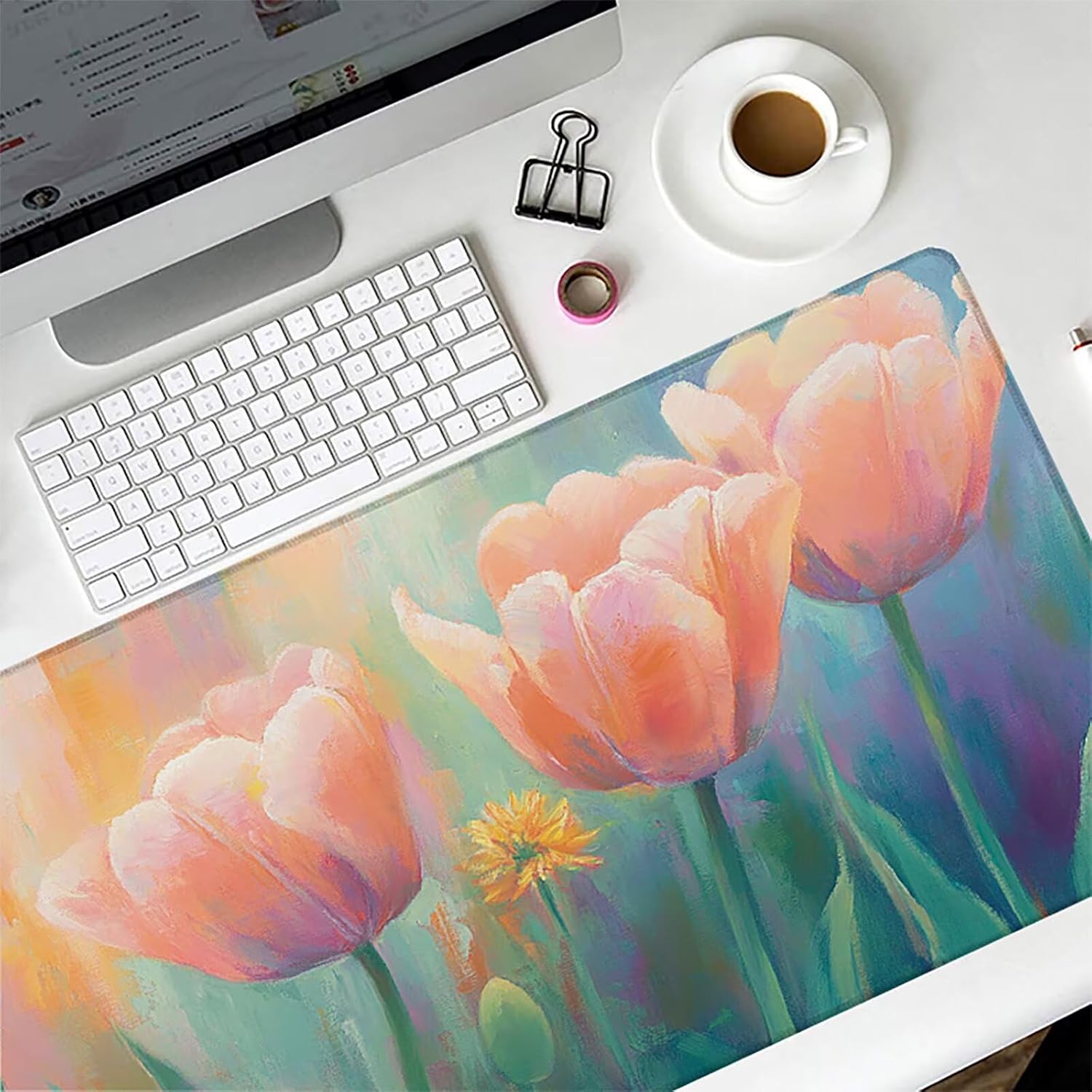 Flower Mouse Pad, Gaming Mouse Pad 64x32in, Desk Mat with Stitched Edges, Large Mousepad Waterproof, Gaming Accessories Keyboard Mat, Office Desk Accessories, for Gamer Computer Office, Pink Z-7495