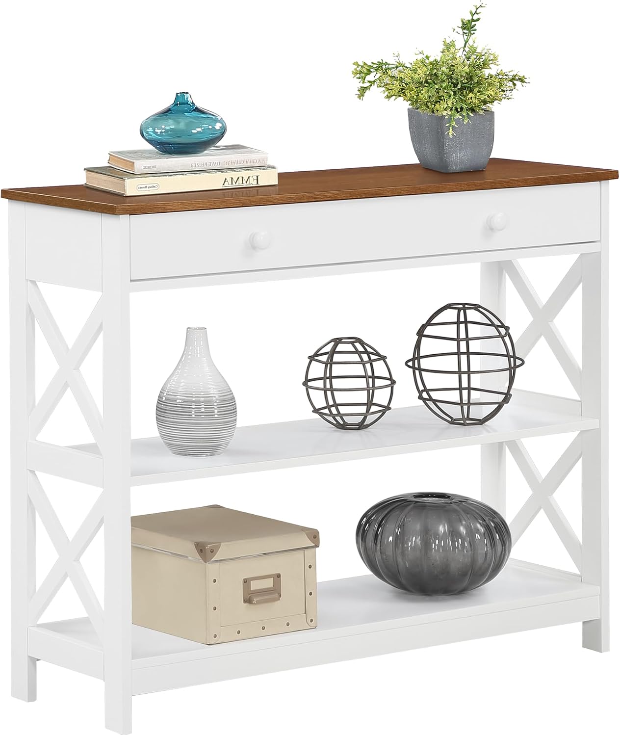 Convenience Concepts Oxford 1-Drawer Console Table 39.5' - Farmhouse Sofa Display with Storage Shelf For Living, Family, & Dining Room, Modern Entryway Hall Table for Kitchen, Bedroom, Driftwood/White