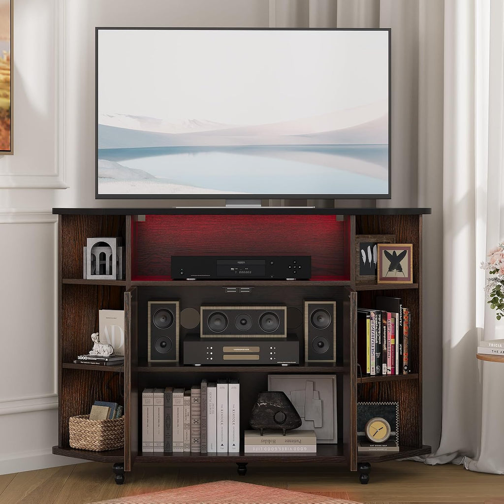 4 EVER WINNER Corner TV Stand, Farmhouse Corner TV Cabinet with LED Lights for 50 Inch, Adjustable Shelves, Corner TV Stand with Storage, Barn Doors for Living Room, Brown and Black