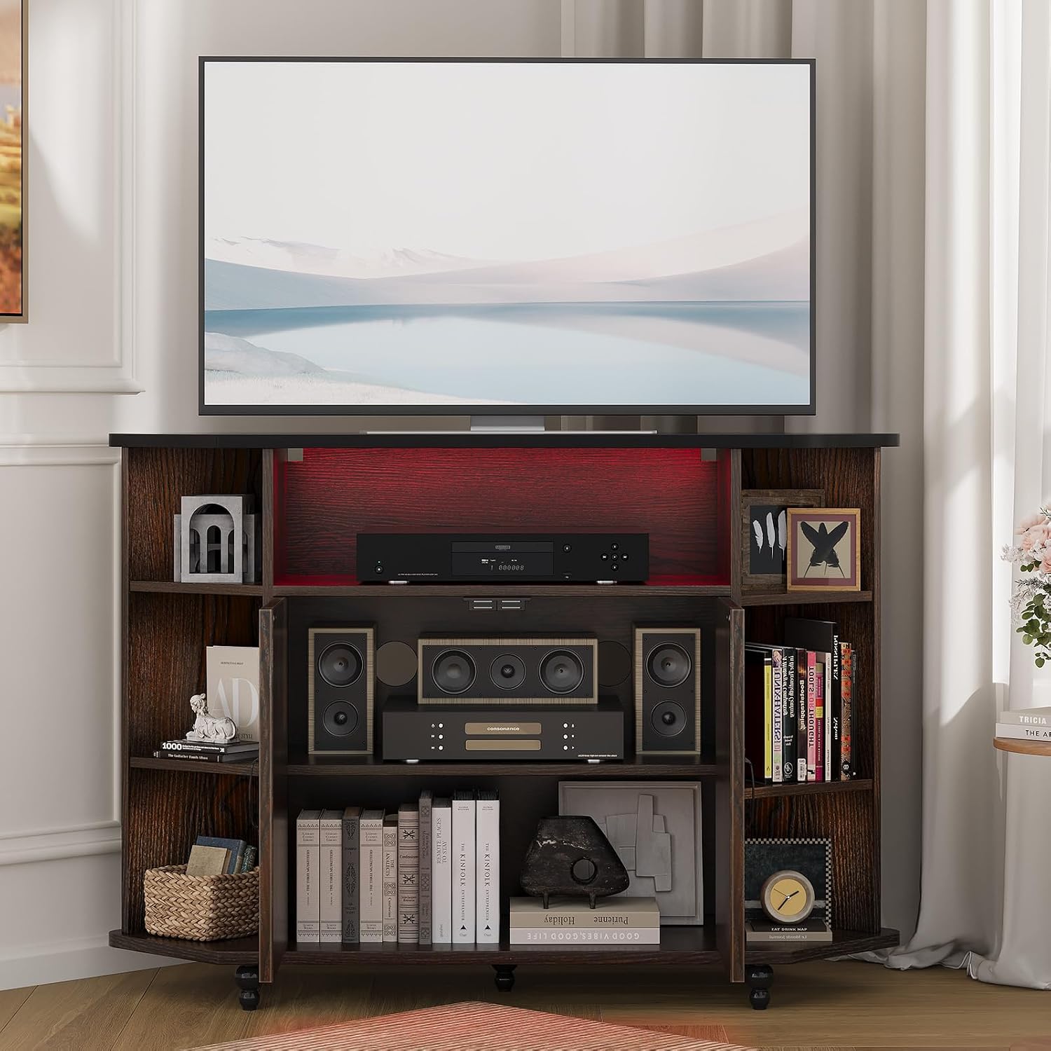4 EVER WINNER Corner TV Stand, Farmhouse Corner TV Cabinet with LED Lights for 50 Inch, Adjustable Shelves, Corner TV Stand with Storage, Barn Doors for Living Room, Brown and Black