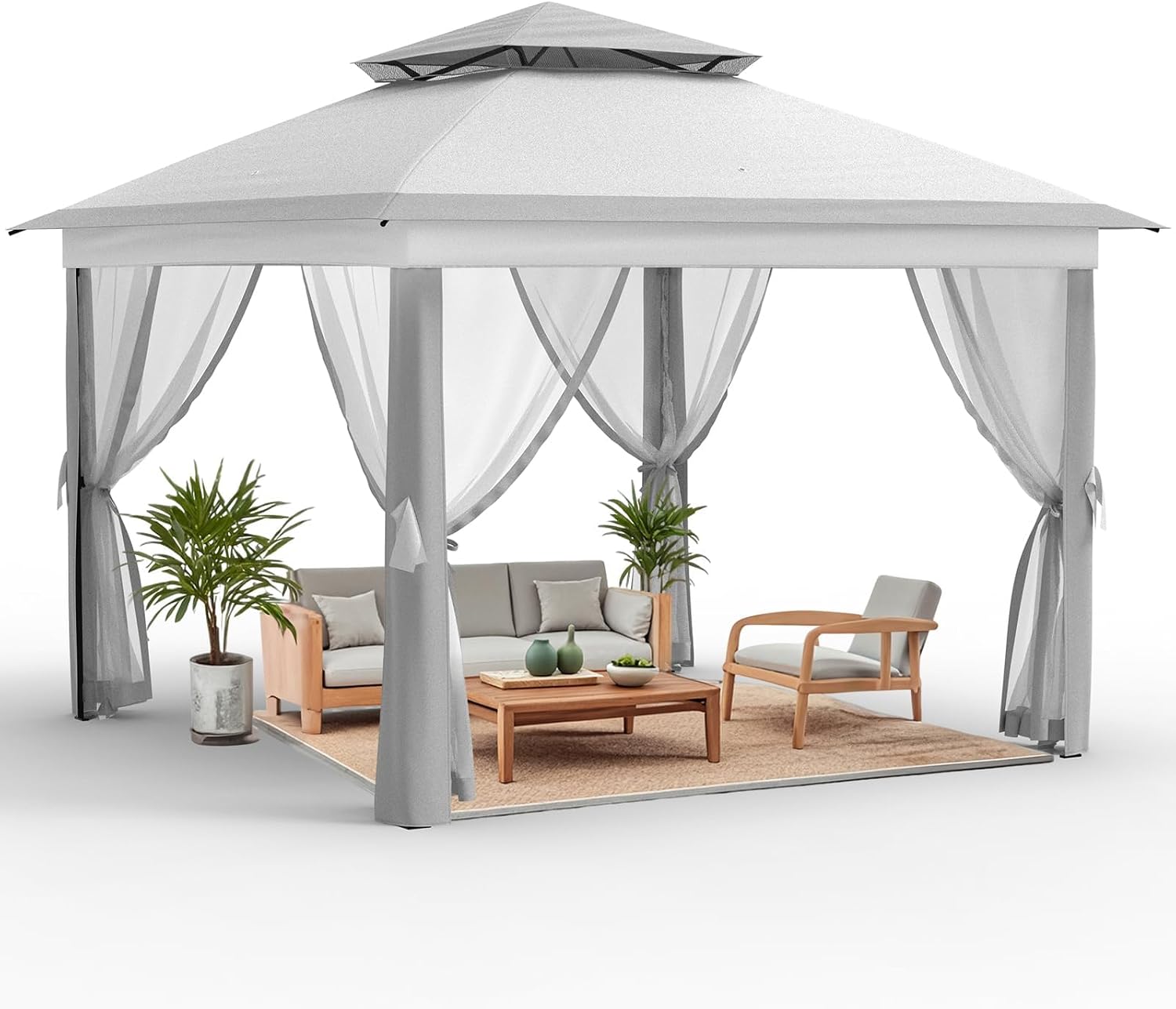 11x11Ft Pop Up Gazebo with Mosquito Netting, Outdoor Heavy Duty Instant Canopy with Sturdy Metal Frame & Double Roofs, Patio Shelter for Backyard, Garden, Lawn, Deck