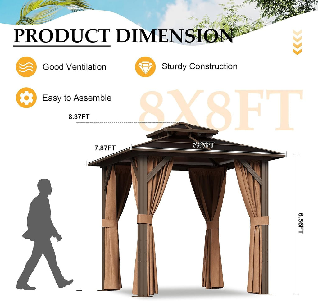 8' x 8' Double Roof Gazebo with Polycarbonate Panels – Sturdy Aluminum Frame, Outdoor Pavilion with Curtains for Patio, Garden & Backyard