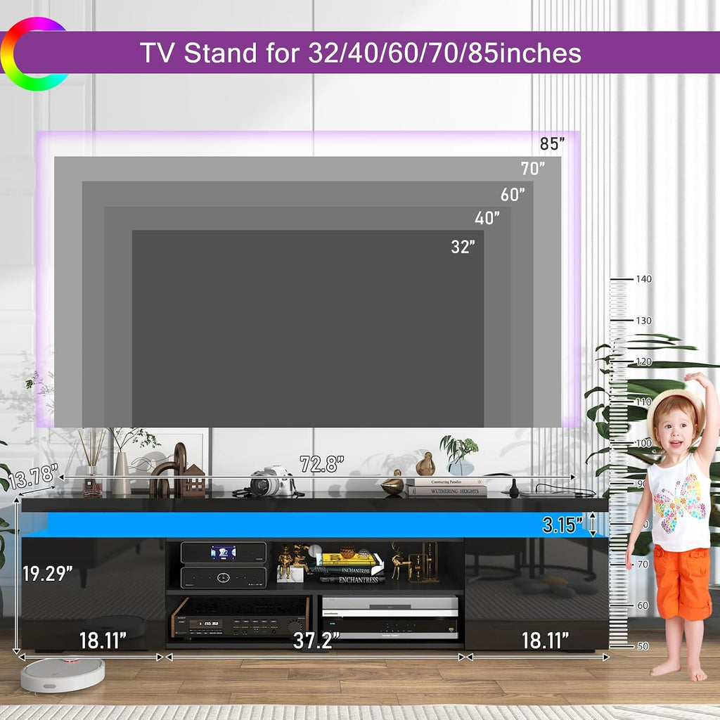 Hlivelood LED TV Stand for 85 Inch TV, Modern TV Stand with Power Outlet, High Gloss TV Console Entertainment Center with Storage and LED Lights for Living Room, Bedroom (73 Inch, Black)