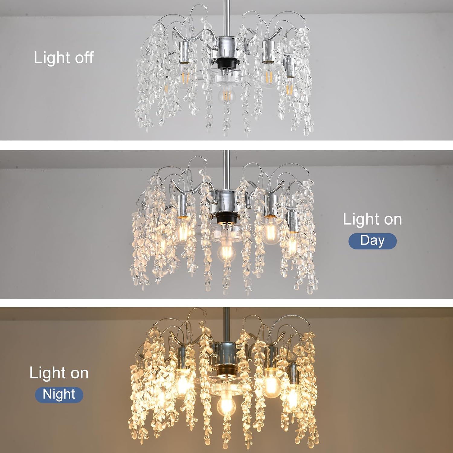 Garwarm 20in Ceiling Fans with Lights,Modern Fandelier Ceiling Fan with Light and Remote,Bladeless Crystals Chandelier Ceiling Fan for Bedroom Kitchen Living Room(6 Speed, Timing)-Chrome