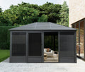 Domi 11.2x14.6FT Outdoor Sunroom, Galvanized Steel Hardtop Enclose Gazebo Sloping Roof, All Weather Aluminum Solarium Screen House for Patio Deck Backyard with Lockable Door, Moveable PVC Screen