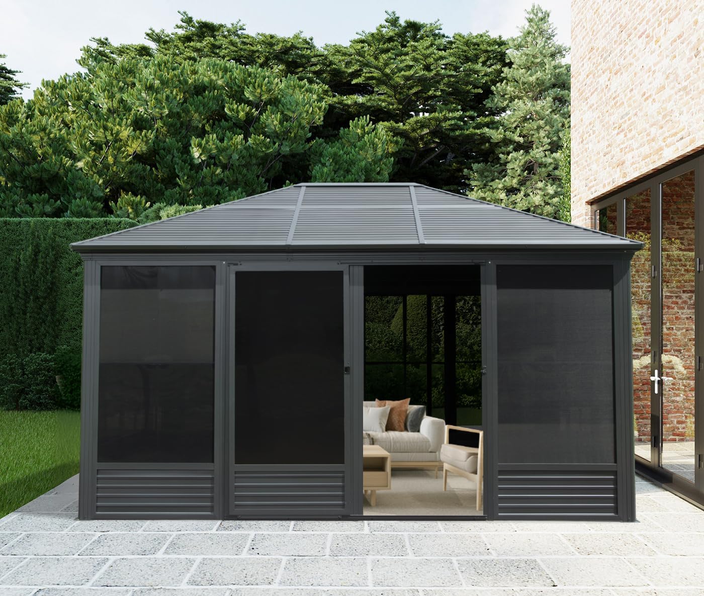 Domi 11.2x14.6FT Outdoor Sunroom, Galvanized Steel Hardtop Enclose Gazebo Sloping Roof, All Weather Aluminum Solarium Screen House for Patio Deck Backyard with Lockable Door, Moveable PVC Screen