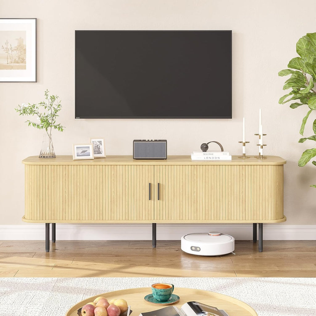 FiveWillowise 63' Natural Fluted TV Stand for TVs up to 75 Inch, Gaming Entertainment Center with Tambour Slatted Sliding Doors and Storage Cabinet, Media TV Consoles Table for Living Room, Office