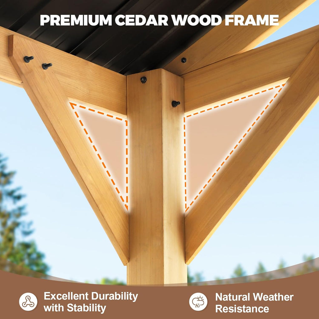 13x15 Hardtop Gazebo, Galvanized Steel Gable Roof Exposed Beam A-Frame Outdoor Pavilion with Cedar Wood Frame, Patio Gazebo for Deck, Garden, Lawn, Natural Wood/Black