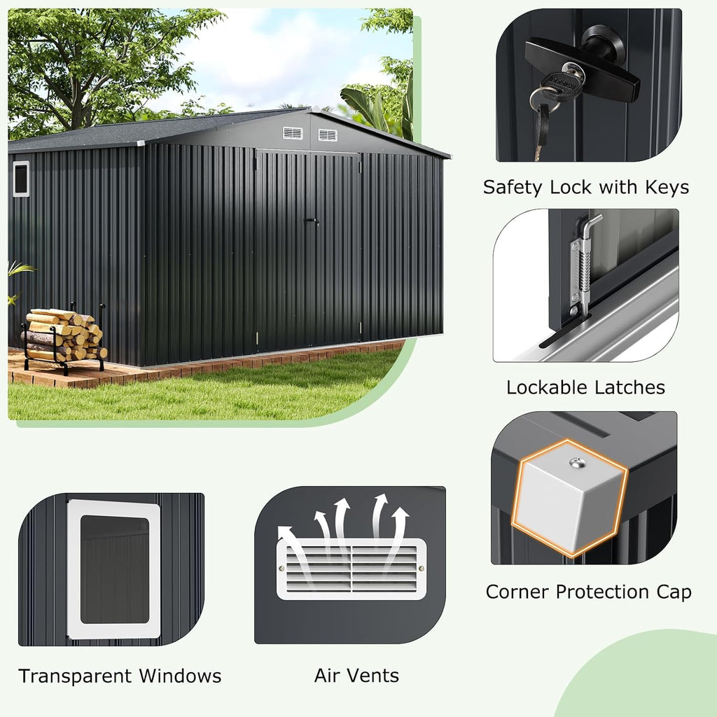 Goplus 12 x 9.8 FT Outdoor Storage Shed, All-Weather & Rustproof Galvanized Metal Utility Tool Shed w/Lockable Door, Pitched Roof, Windows, Backyard Lawn Garden Storage House for Bike Tool Lawnmower