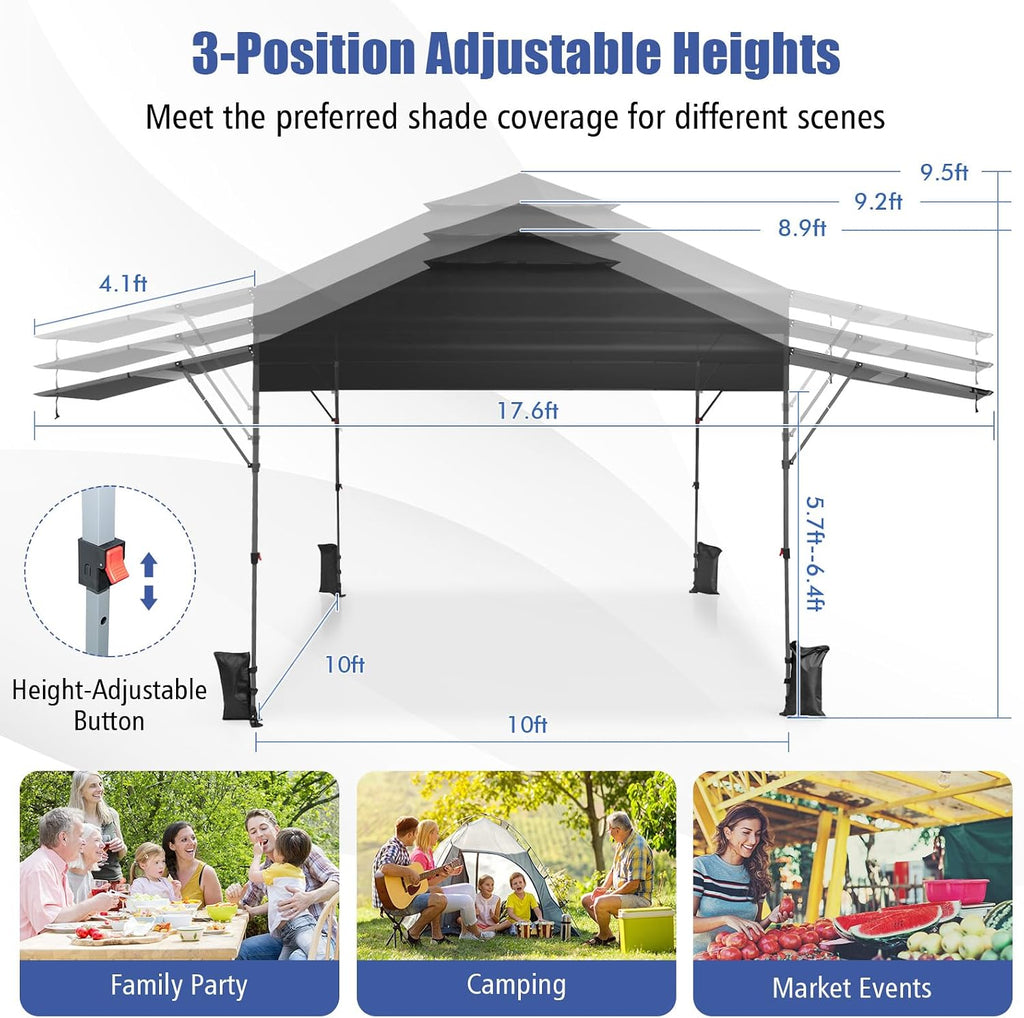 HAPPYGRILL Pop Up Canopy with Dual Awnings 10x17.6 FT, Outdoor Gazebo Shelter with Portable Wheeled Carrying Bag, Easy Setup Instant Tent for Patio Camping Picnic (Black)