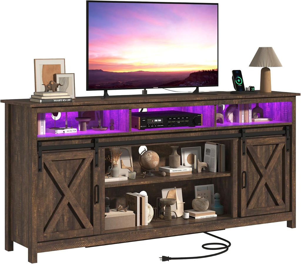 jiteentarou Farmhouse TV Stand for 80/75 Inch TV with Power Outlet, LED Entertainment Center with Storage and Sliding Barn Doors, Wood Media Console for Living Room, Brown