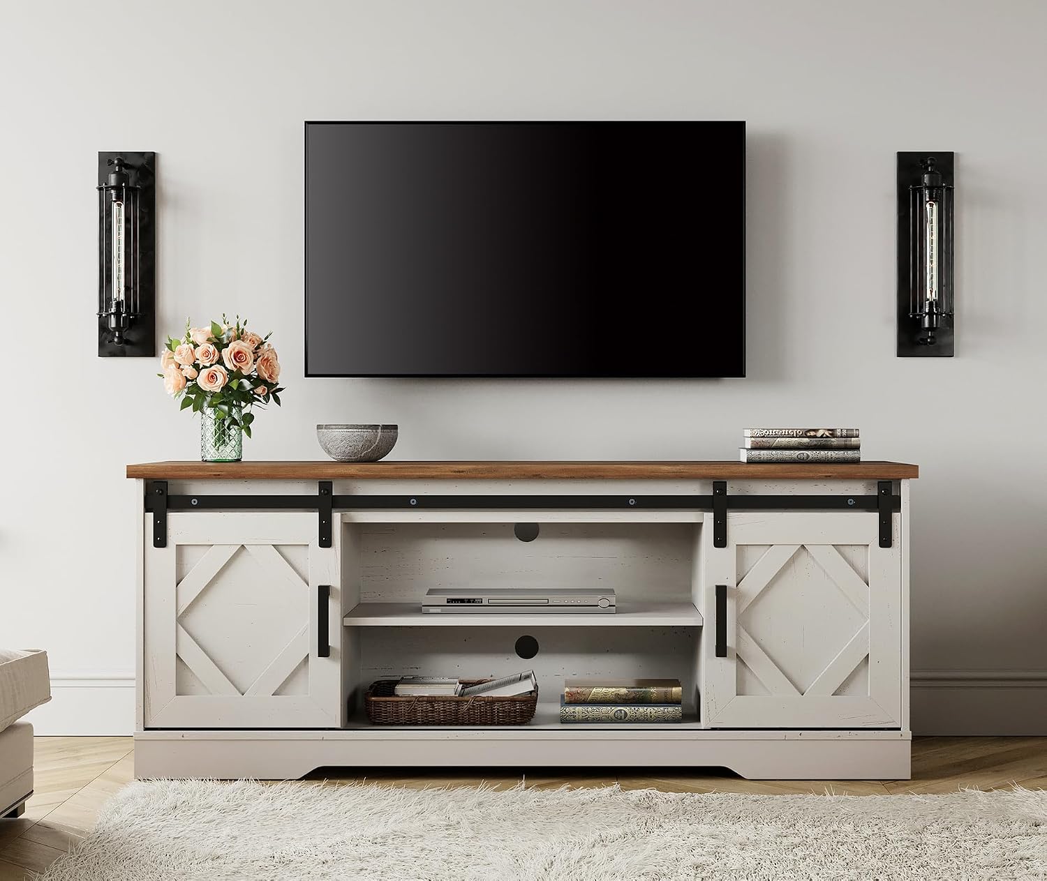 WAMPAT Modern Farmhouse TV Stand for TVs up to 65' with Sliding Barn Doors, 23.6' H Wood Entertainment Center with Adjustable Media Storage Shelf for Living Room, Antique White