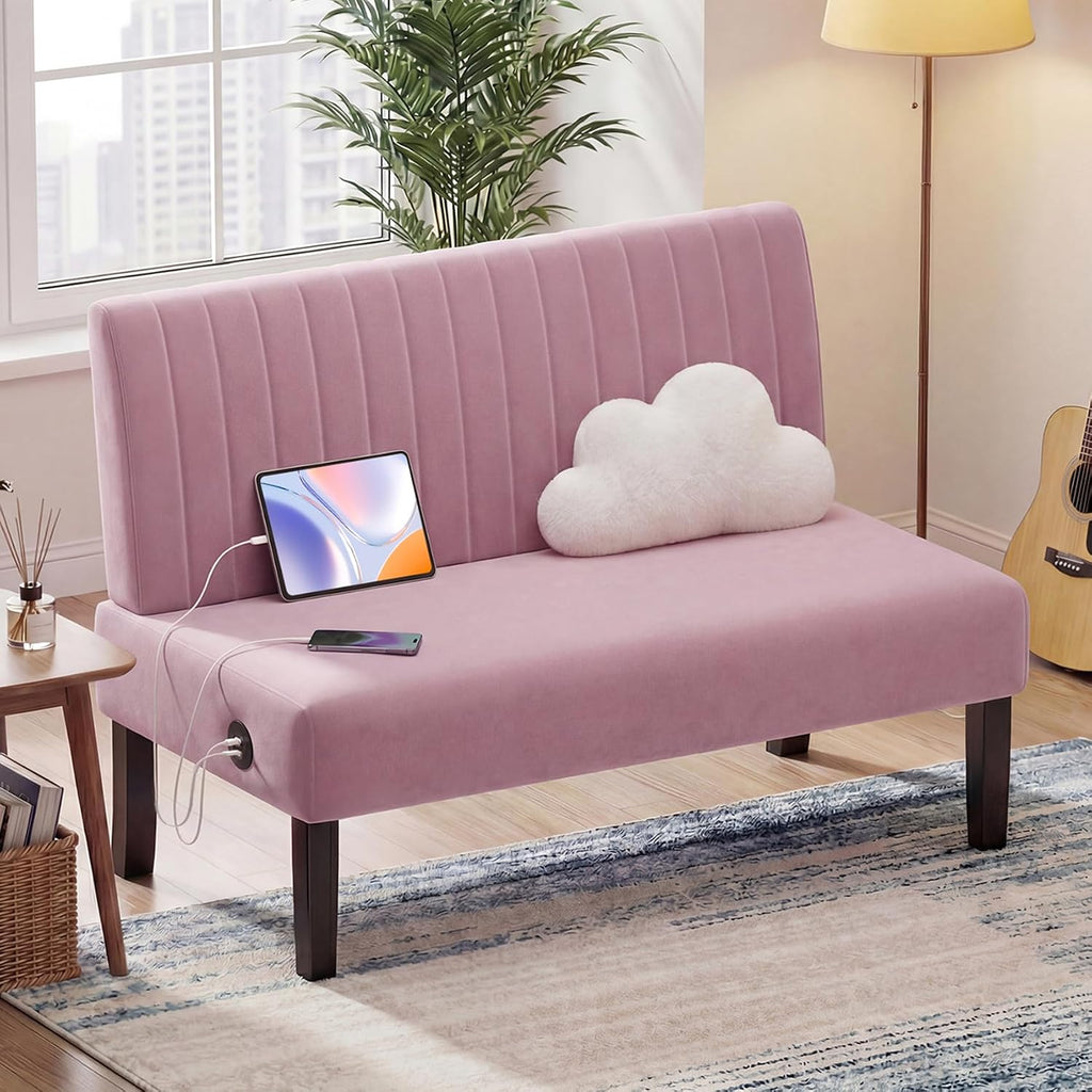 STHOUYN Mini Small Comfy Couch Armless Loveseat Sofa for Bedroom with USB Port, Velvet Couches for Small Spaces Living Room, Apartment Office Dorm (Pink)