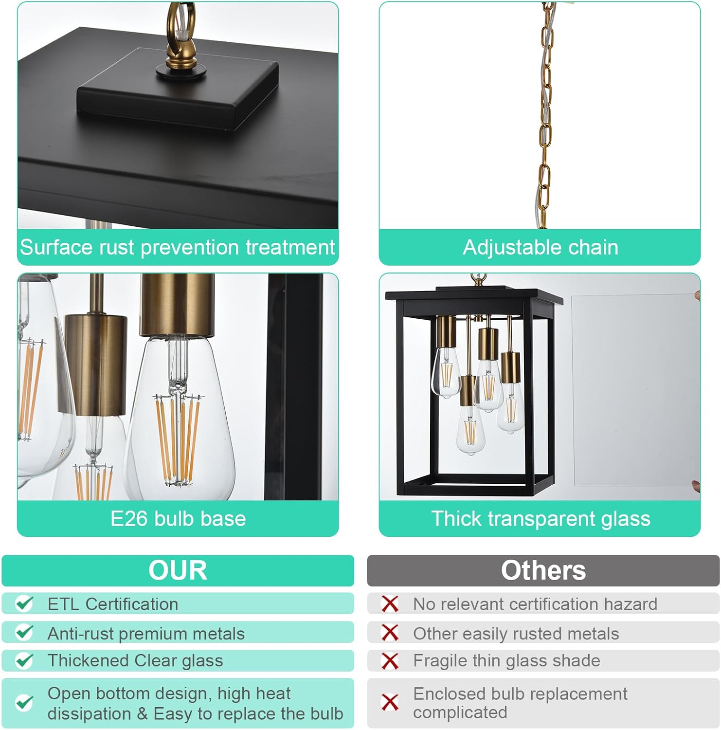 Yaohong Large Outdoor Pendant Light, 4-Lights Black and Brushed Brass Exterior Hanging Porch Chandelier Lantern with Clear Glass, Outdoor Ceiling Light Fixture for Entryway Gazebo Patio